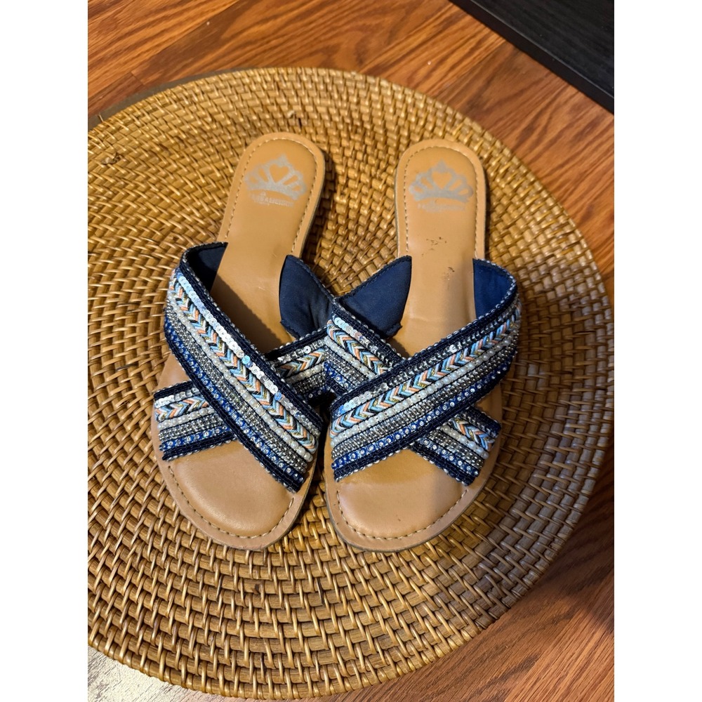 Fergalicious by Fergie Starlit Beaded Sequin Crisscross Slide Sandals Blue 6.5M - Picture 9 of 12